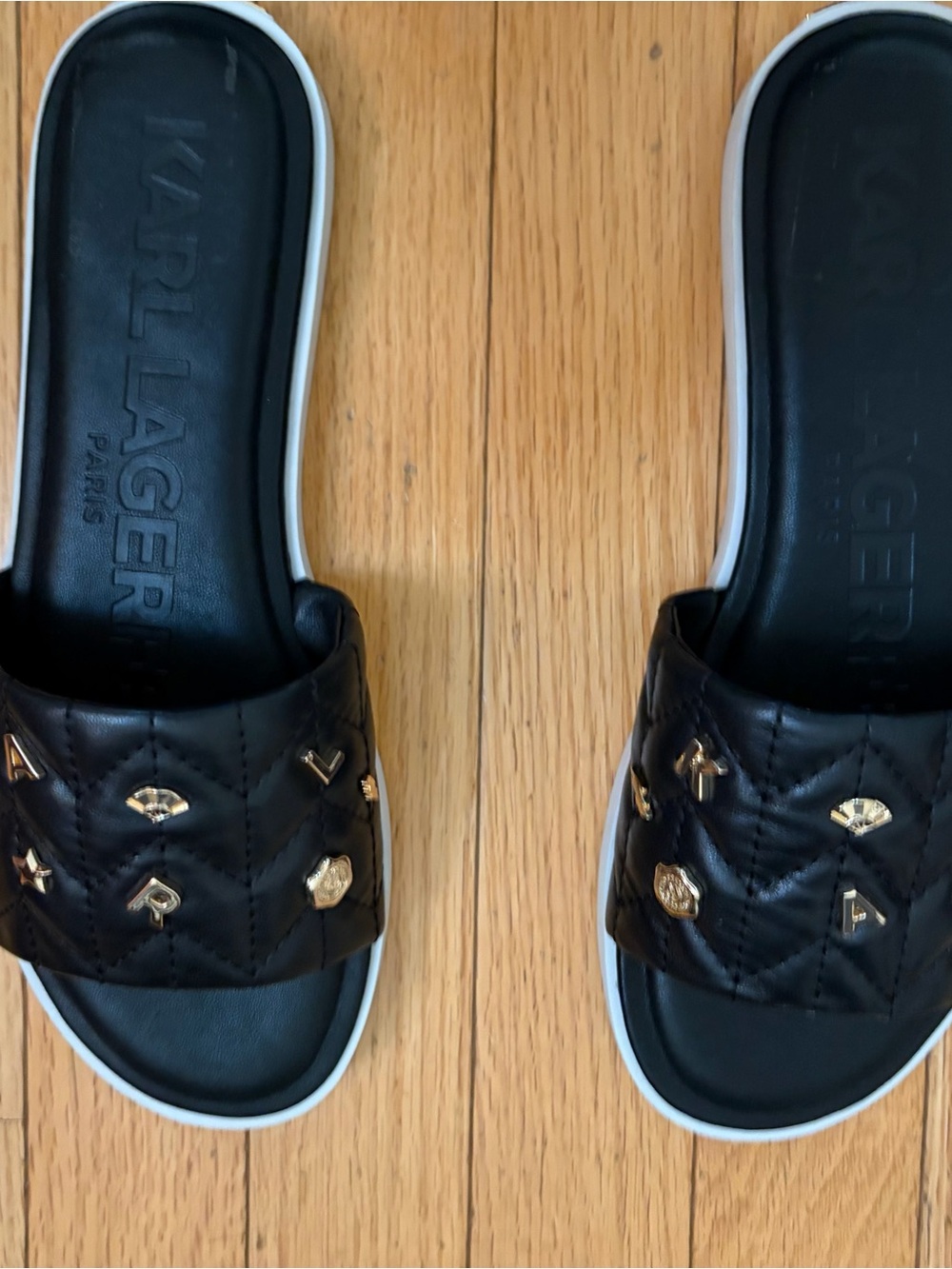Karl Lagerfeld Black Quilted Slide Sandals with Gold Accents